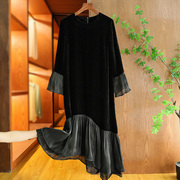 高级感黑色真丝绒连衣裙时尚，复古喇叭袖不对称荷叶边裙摆金丝绒裙