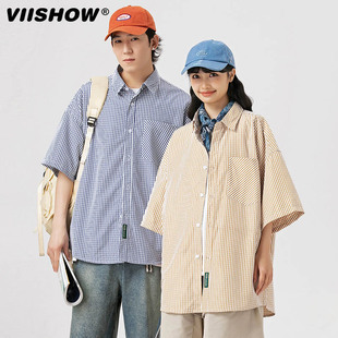 VIISHOW格子衬衣男士夏季冰丝短袖上衣日系复古宽松休闲半袖衬衫