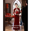 新娘酒(新娘酒)红色，敬酒服2023冬季长袖订婚旗袍，高级感丝绒鱼尾晚礼服