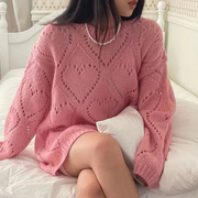 韩国chic秋冬甜美糖果，色圆领镂空提花，设计宽松休闲长袖针织衫毛衣
