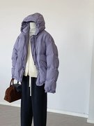 韩系风穿搭!紫色短款棉服，羽绒服外套女冬天款，设计师拉链保暖棉衣