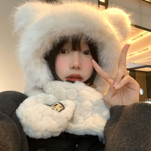 小熊毛绒帽子围巾一体，女秋冬季韩版显脸小百搭加厚保暖护耳雷锋帽
