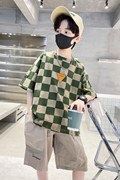 男童格子短袖套装夏装五六七八十岁男孩洋气时髦韩版潮流酷帅衣服