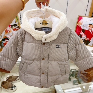 韩国童装 23冬男女童宝带帽小细格加厚洋气棉服 保暖棉衣外套
