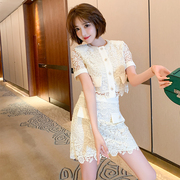 MIUCO高定蕾丝重工镂空花纹钉珠圆领短上衣+修身半裙套装