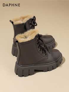 达芙妮加绒加厚雪地靴女款2023冬季牛皮马丁靴子，厚底东北棉鞋
