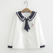 日系少女小清新海军大翻领系带，宽松长袖衬衫女学生，春装打底白衬衣(白衬衣)