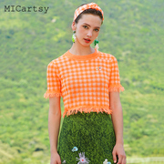 MICartsy王紫珊2020夏季荧光橘格子短袖针织上衣女套头衫原创