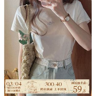 jmwomen纯棉纯色圆领字母印花短袖t恤女夏季日系简约宽松显瘦上衣