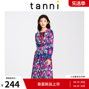tanni商场同款长袖，印花收腰中长款连衣裙ti31dr183b(无蝴蝶结)
