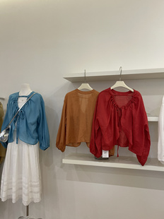 韩系抽绳绑带露背长袖麻料衬衫女复古红色设计感两穿披肩防晒上衣