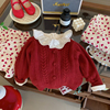 韩系2023冬季女童小宝宝，甜美洋气娃娃，领加厚红色针织开衫外套毛衣