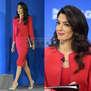 高端定制欧美大牌amal clooney同款红色时尚名媛羊毛套装外套裙秋