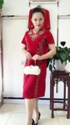 中国风特色串珠，改良旗袍红色连衣裙醋纤中长款日常宴会妈妈装高雅