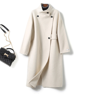 白色双面羊毛呢外套女秋冬高级感超好看法式立领气质长款呢子大衣