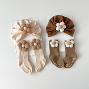 宝宝帽子春秋可爱花朵婴儿，印度帽0-12个月，新生儿囟门胎帽袜子套装