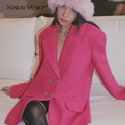 MasionWester秋冬女装玫红色羊毛小香风宽松版双排扣西服外套