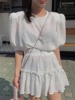 韩国chic夏季减龄复古重工压折圆领上衣+木耳边半身裙套装两件套