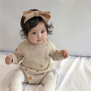 韩版婴儿毛衣哈衣春秋装女宝宝五角星长袖针织连体衣爬服外出服