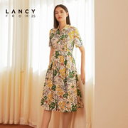 LANCY/朗姿夏季气质印花衬衫连衣裙女收腰短袖度假风高端裙子