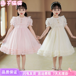 夏装女童公主裙洋气短袖蓬蓬纱蕾丝连衣裙儿童钢琴演出礼服裙