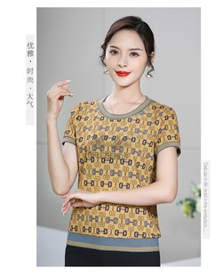 洋气女装凯斯曼中老年女装夏季短袖台湾网纱黄色圆领休闲上衣T恤