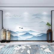 新中式水墨山水电视背景墙壁纸客厅，沙发装饰大气仿大理石影视墙布