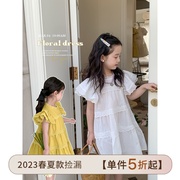 女童连衣裙2023夏季儿童白色，黄色棉布蕾丝，拼接西小飞袖公主裙