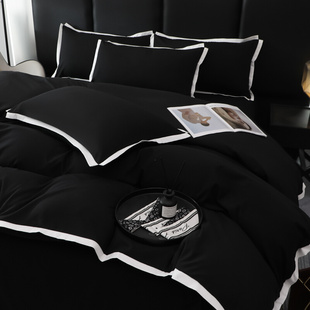 黑色床上四件套纯色男生被套，床单床笠北欧风深色床上用品三件套