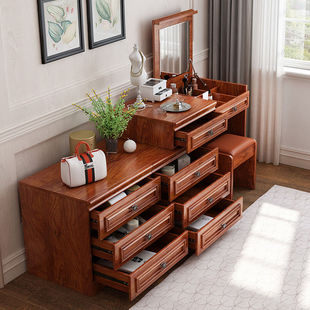 新中式卧室梳妆台实木框斗柜储物柜，简约美欧式收纳柜化妆桌