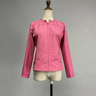 外贸原单粉红色长袖外套女学院风，立领黑色拉链，上衣速干短风衣薄款