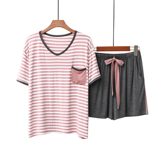 莫代尔条纹短袖睡衣女夏季短裤v领夏款简单套头一套可外穿家居服