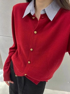 红色针织翻领衬衣领假两件毛衣百搭开衫欧洲站2023秋冬打底衫上衣