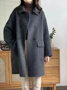 双面羊绒大衣女秋冬2023年高端中长款双排扣深灰色羊毛呢外套