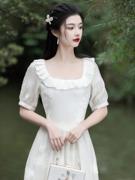 法式复古宫廷风公主印花连衣裙乳白色纯色长款短袖方领十动漫