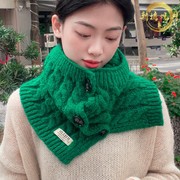 围脖套头高领护颈针织毛线围巾，女绿色冬季毛衣，披肩两用纽扣假领子