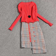 时尚套装裙女2023秋冬宽松针织衫，设计感不规则，格子半身裙两件套潮