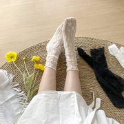 夏季薄款蕾丝花朵白色网纱袜子女小腿袜jk中筒冰丝袜透气堆堆短袜