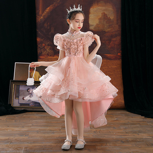 儿童公主裙粉色女童钢琴演出服花童小女孩主持人礼服前短后长夏季