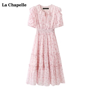 拉夏贝尔/La Chapelle粉色V领碎花裙女夏季短袖雪纺连衣裙子