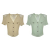 3.1xy绿色v领短款短袖针织衫，单排扣修身开衫上衣时尚休闲洋气