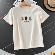 趣味猫咪刺绣短袖T恤女2024春季小众设计感宽松圆领米色上衣