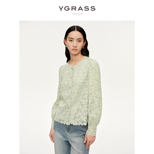 VGRASS精致重工蕾丝长袖圆领衬衫女24年春季气质薄荷绿衬衫