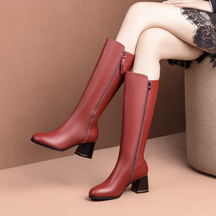 高筒靴红色粗跟中跟全真皮女靴子2024牛皮，骑士靴冬靴皮靴棉靴