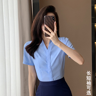 职业衬衫女夏修身气质白衬衣(白衬衣，)套装蓝色工装上衣v领短袖工作服