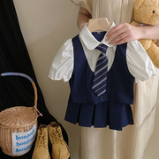 韩版童装2023夏季女童学院风网红假两件上衣洋气百褶短裙套装
