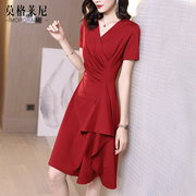 红色连衣裙高级感2024女夏季v领显瘦气质，高端轻奢礼服裙宴会