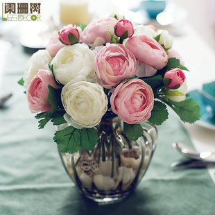 茶玫仿真花套装欧式雅客厅餐桌，白色绣球玫瑰，假花玻璃透明彩色瓶