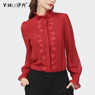 雪纺衫衬衫女重工，绣花上衣红色立领，衬衣长袖打底洋气春装小衫