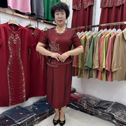 高端中老年妈妈夏季结婚红色，礼服2024旗袍，喜婆婆假两件套裙子